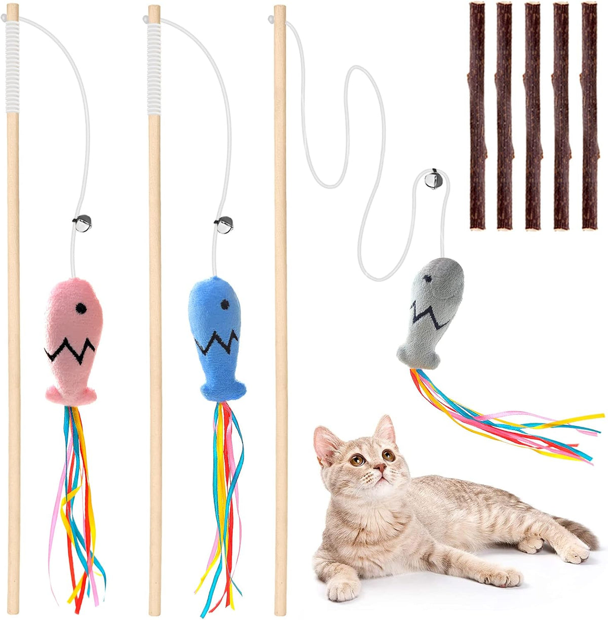 Natural Wood Cat Wand Toy with Ribbon Fish Teaser