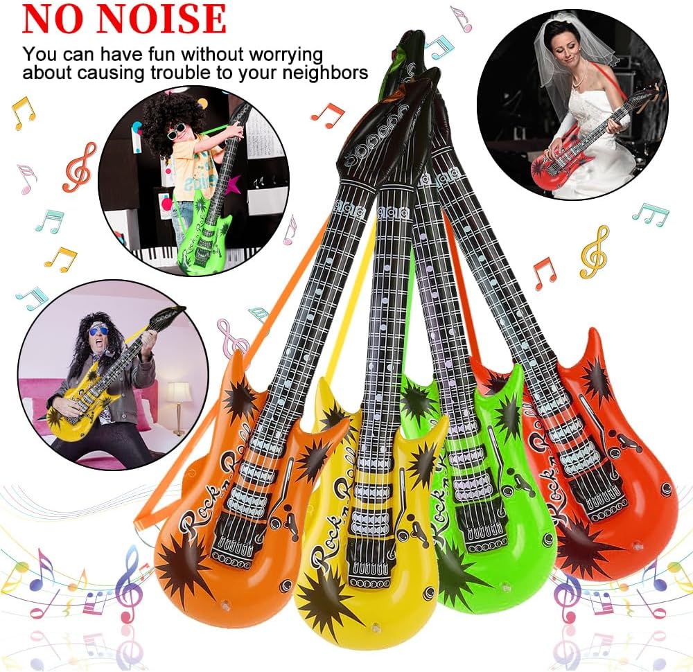 QIQU inflatable guitars with rope straps in red, pink, orange, yellow, green, blue and purple - view 2