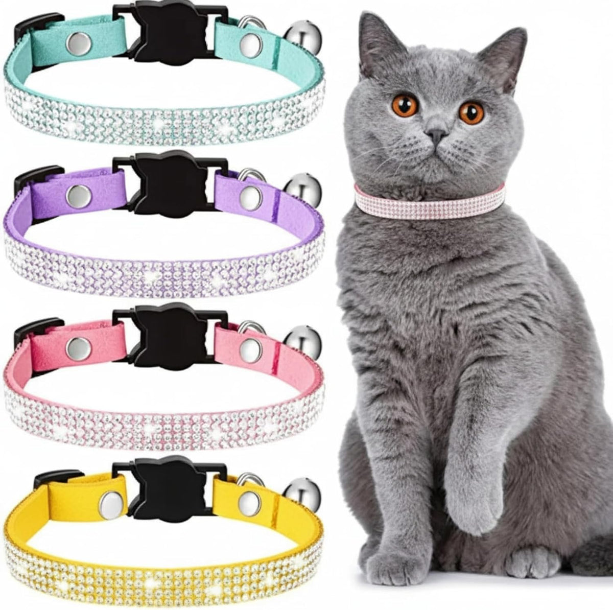 Weewooday 4 Pieces Rhinestones Cat Collars Breakaway Cat Collar - XS / Purple, Blue, Gold, Pink
