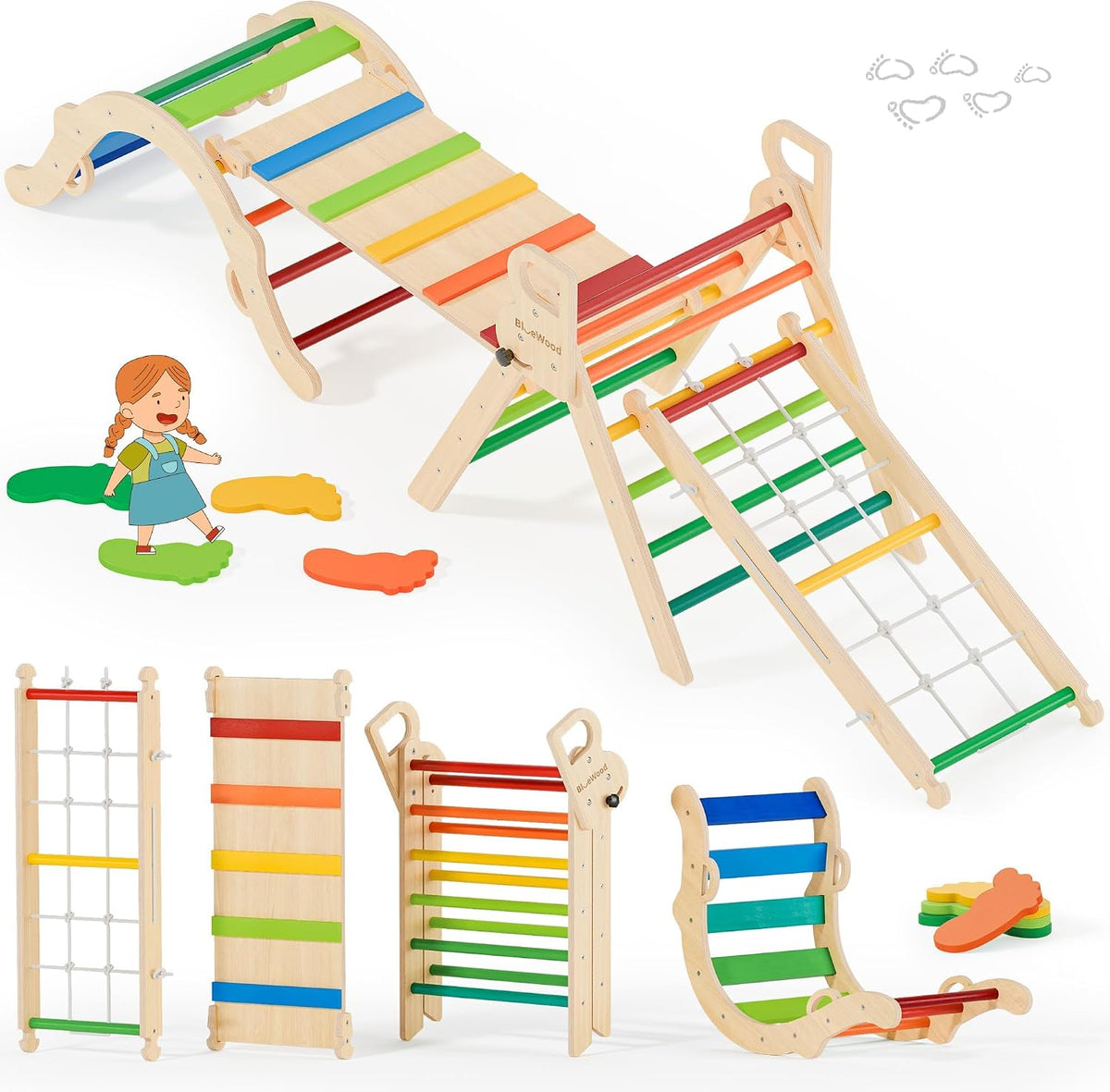 BlueWood 10-in-1 Pikler Triangle Set - Neon Aurora / Footprint