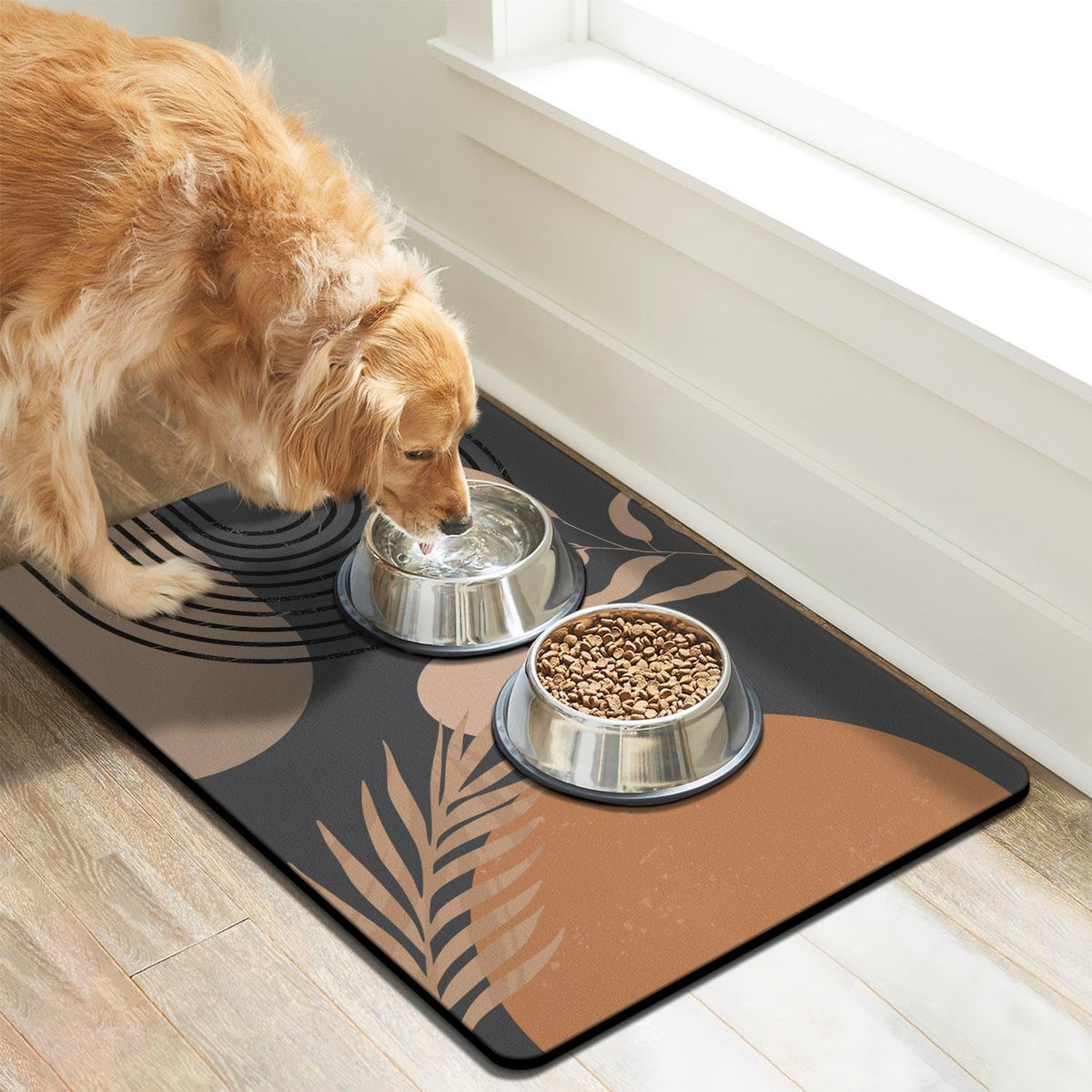 Dog Food Mats for Floors, Absorbent Dog Bowl Mat for Food and Water Dispenser Mat, Quick Dry Cat - Boho Black / M(16"×24") - image 2