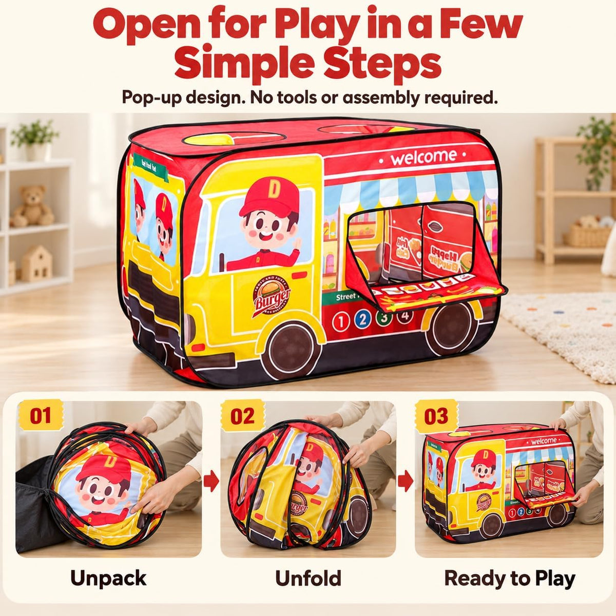 Cecailin fire truck pop up play tent for kids with roll-up door in red - view 16