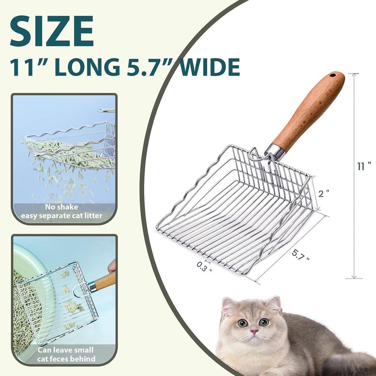 Cat Litter Scoop, Stainless Steel Kitty Metal Scooper with Hook and Hole – Daily Care for Cats - 5.6"Handle - image 4