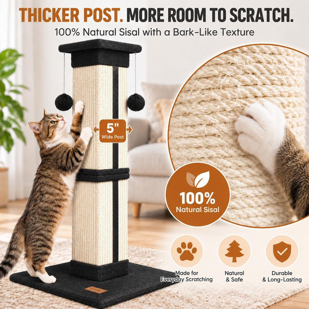 Cat Scratching Post 33 Inch for Indoor Cats - Black - image 4