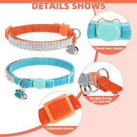 2 Pack Soft Velvet Safe Bling Diamond Cat Collars with Bells – Essentials for Cats - Lake Blue + Orange / 9"-12" Cats / Mini Dogs - image 3