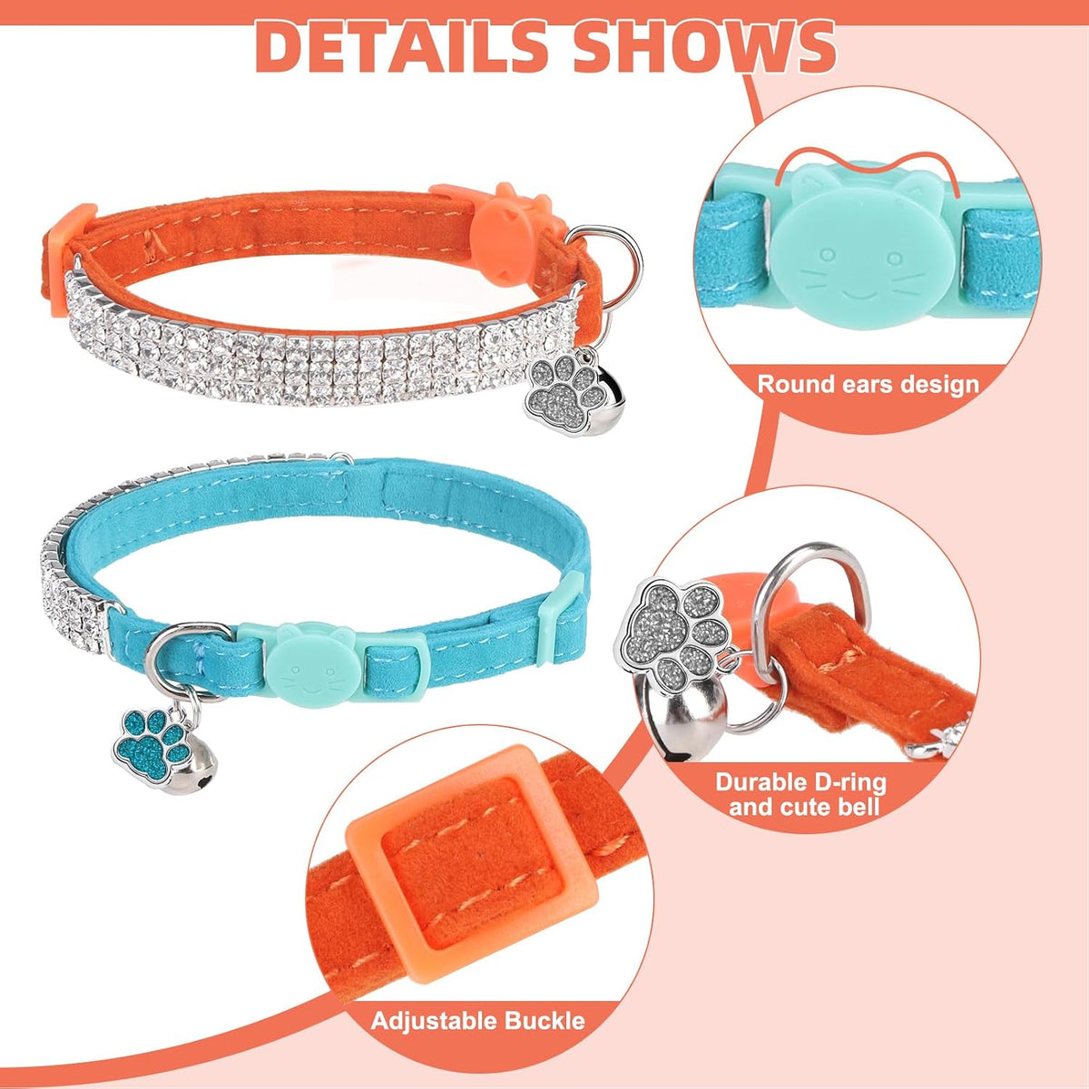 2 Pack Soft Velvet Safe Bling Diamond Cat Collars with Bells – Essentials for Cats - Lake Blue + Orange / 9"-12" Cats / Mini Dogs - image 3