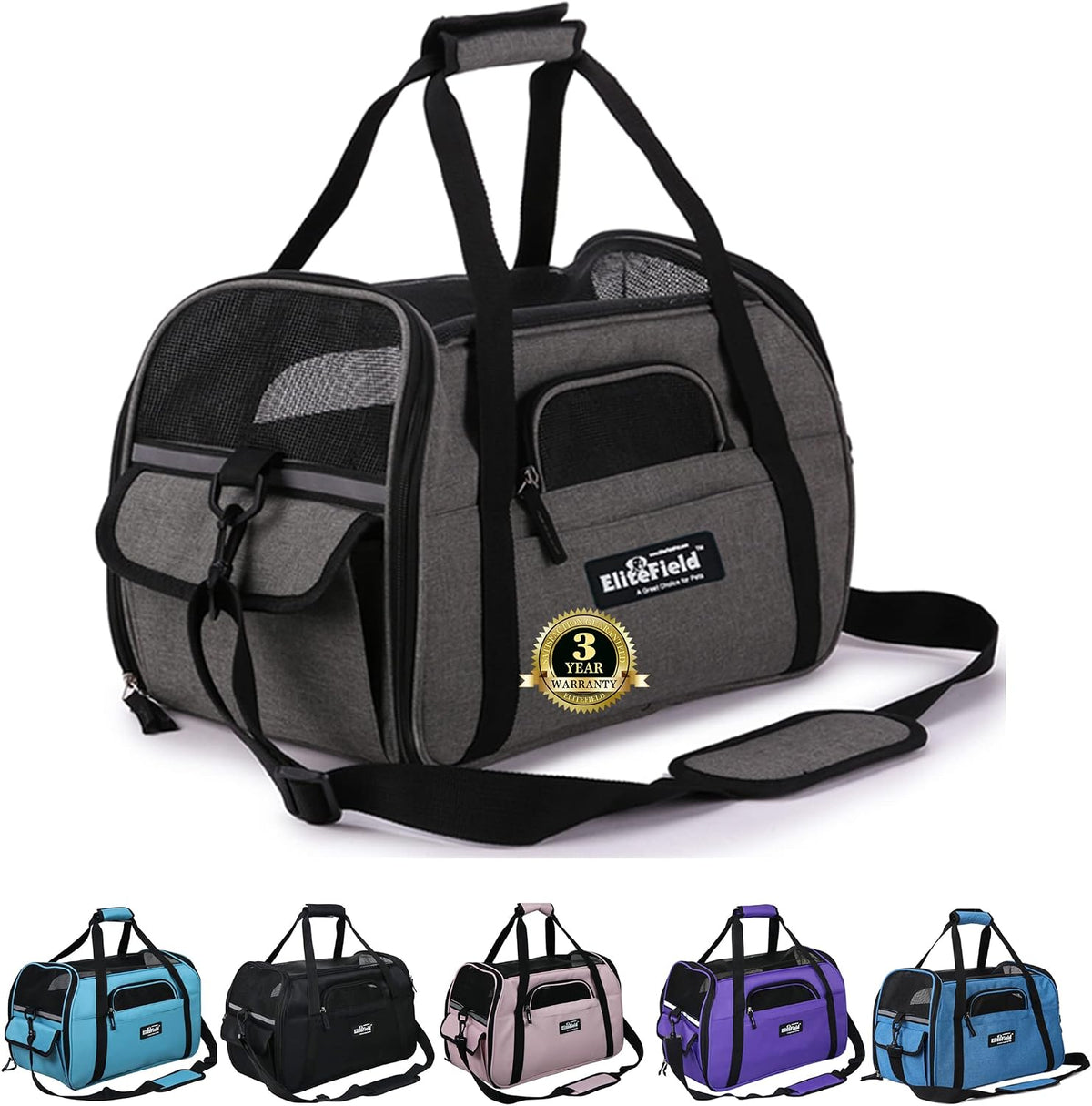 EliteField Soft-Sided Pet Carrier for Cats & Small Dogs – Essentials for Dogs - 17.0"L x 9.0"W x 12.0"H / Charcoal Gray