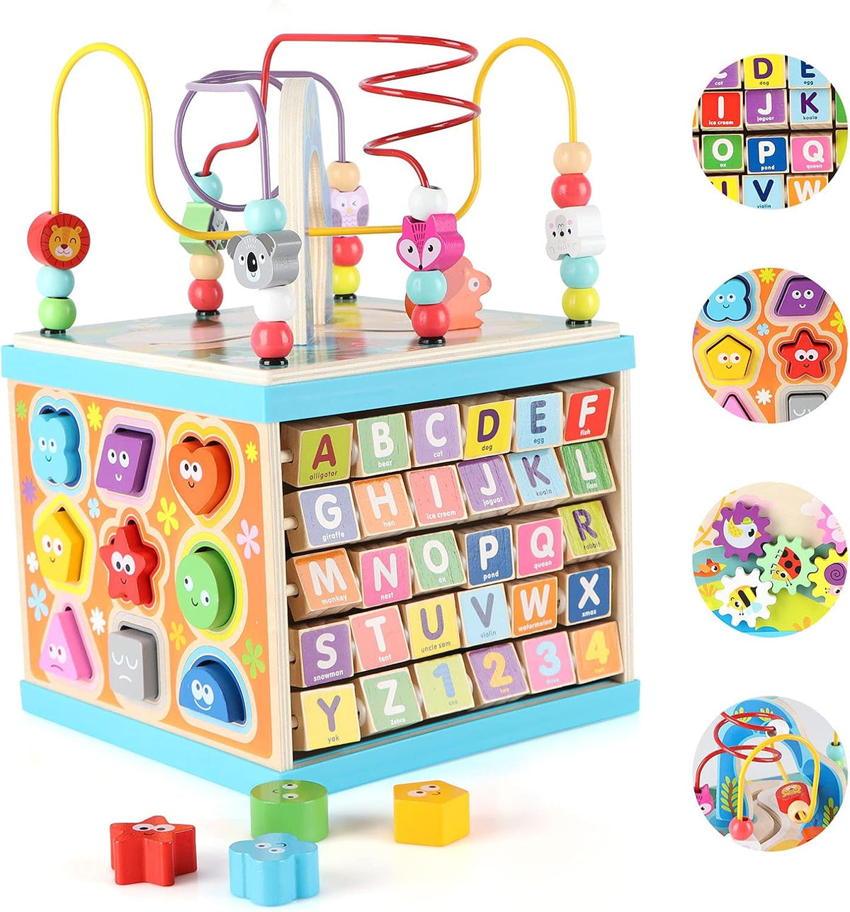 Qilay 5-in-1 Wooden Activity Cube for Toddlers 1-3