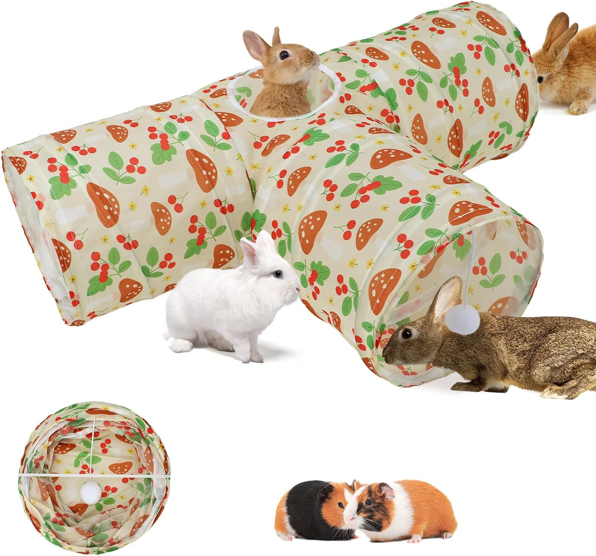 Bunny Tunnels & Tubes, 3-Way Collapsible Rabbit Hideout for Bunnies – Essentials for Small Pets - Cherry
