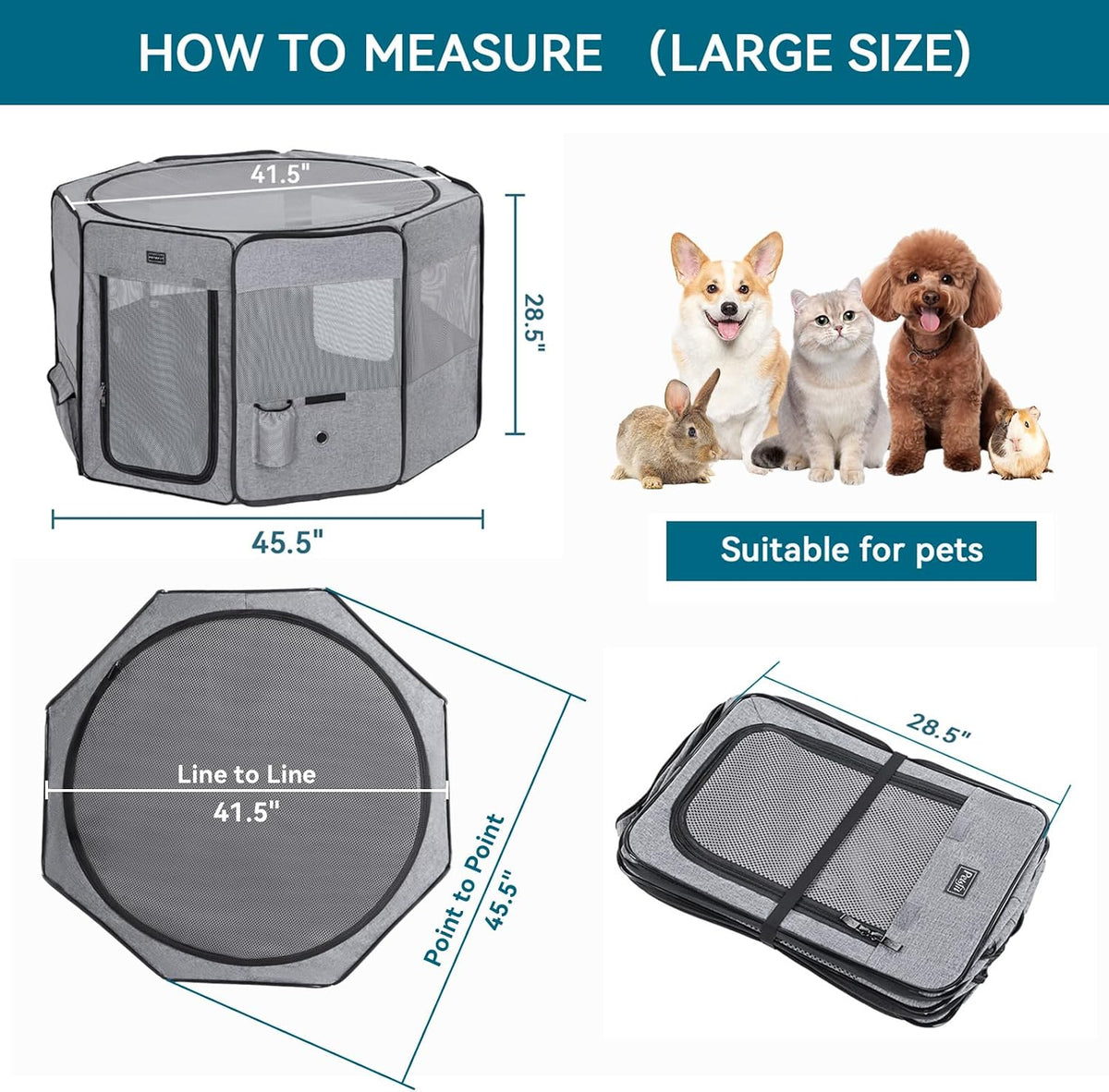 PETSFIT Portable Dog Playpen 36", Removable Waterproof Mat - Grey / Large (45.5"x45.5"x28.5", 2 Doors) - image 3