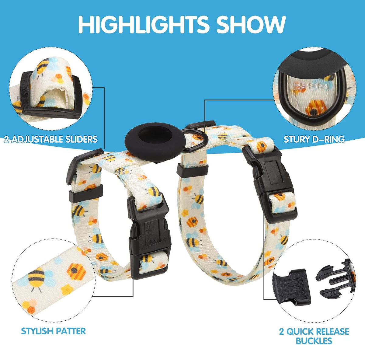 BINGPET Cat Harness with Airtag Holder - Cute Bee (Buckles on Neck & Chest) - image 3