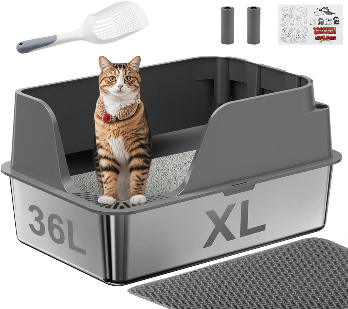 Open-Top Automatic Litter Box, Odor Control, Ready to Use - Gray