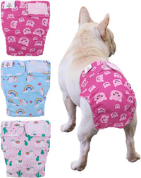 CuteBone Washable Dog Diapers Female No Tail Hole 3 Pack Reusable - For docked-tail, unicorn&pig&sheep / M