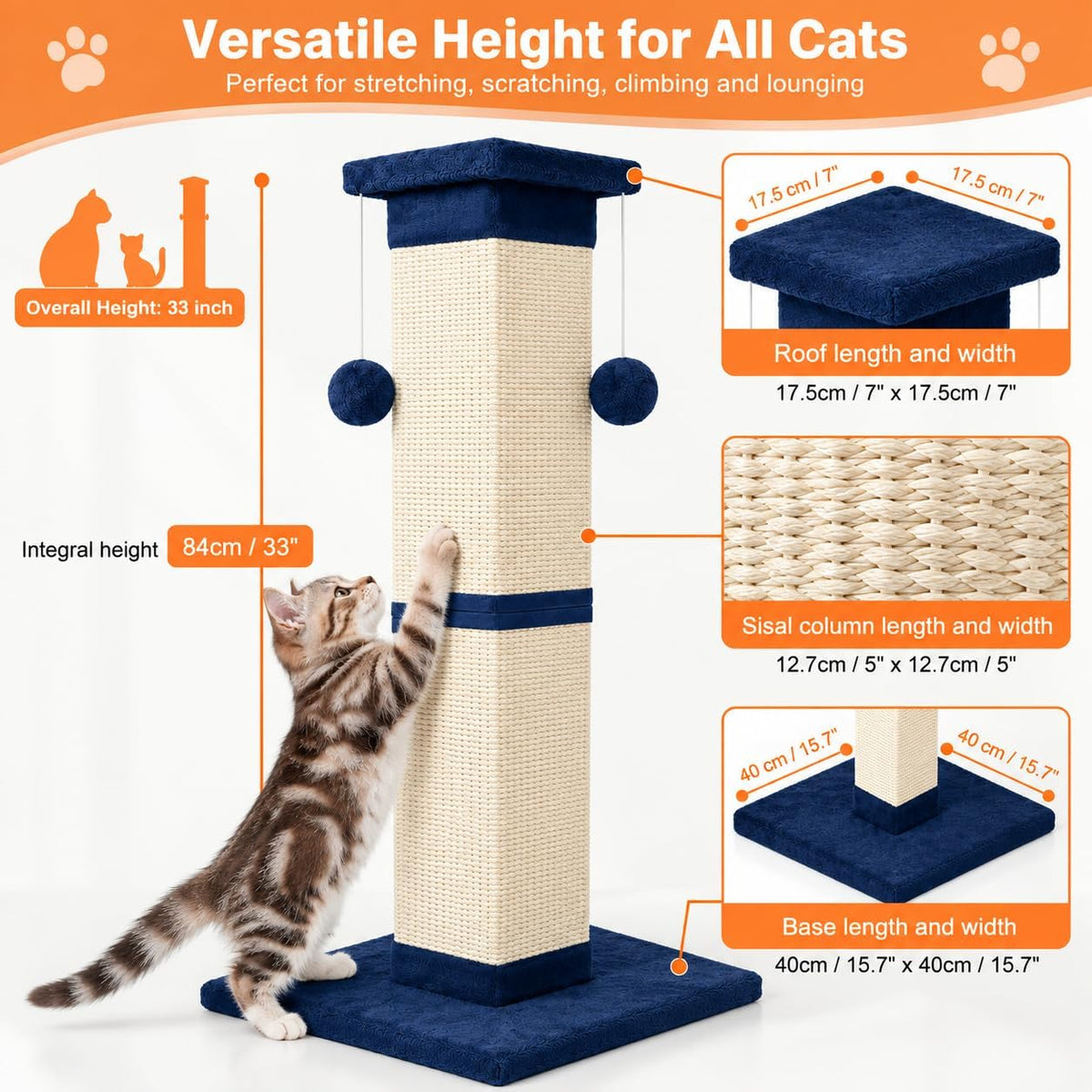 SOCATER Cat Scratching Post 33 Inch, Beige – Essentials for Cats - Blue - image 2