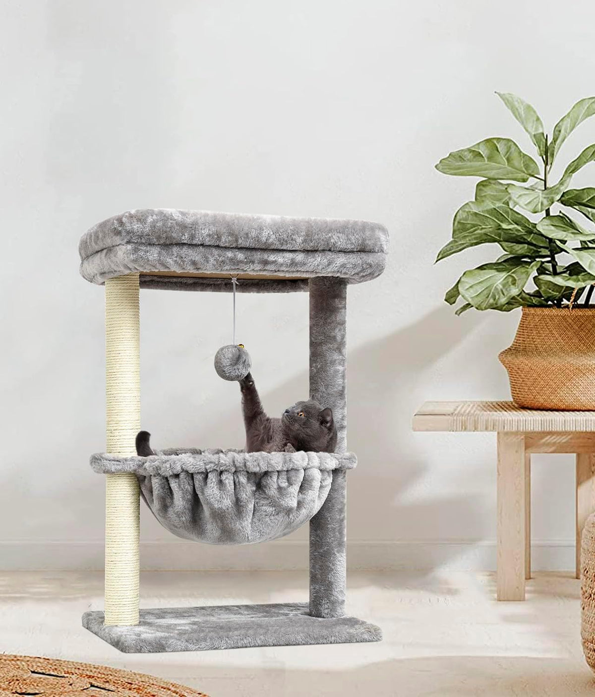 SYANDLVY Small Cat Tree for Indoor Cats - Light Grey / Top Perch with Basket - image 2