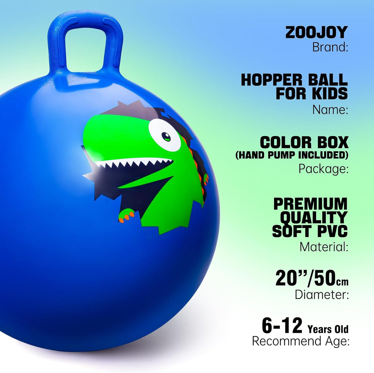 ZOOJOY Hopper Ball, Hopping Toys for Kids - Age:6-12(20''/50cm) / Blue Dinosaur - image 2