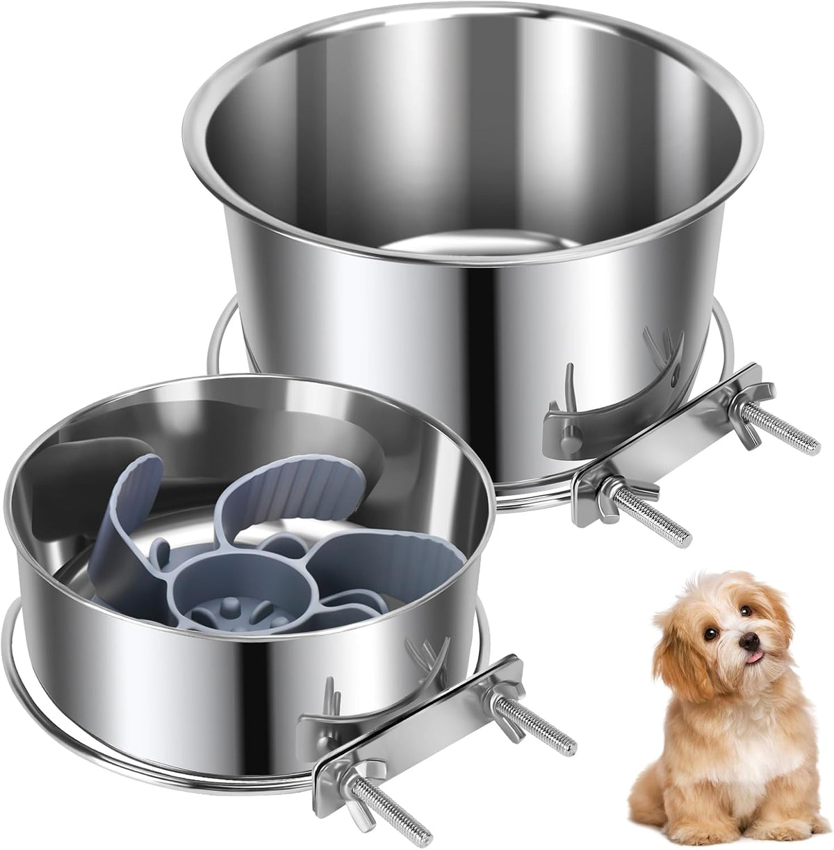 2 Pcs Stainless Steel Small Dog Crate Food Water Bowl - L (84 & 44 OZ) / Silver