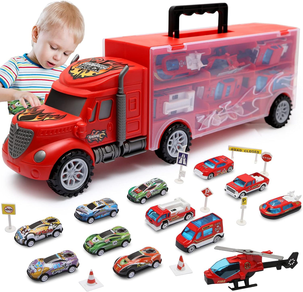 JODUDLR car carrier truck toy with 12 die-cast police and racing cars - view 2