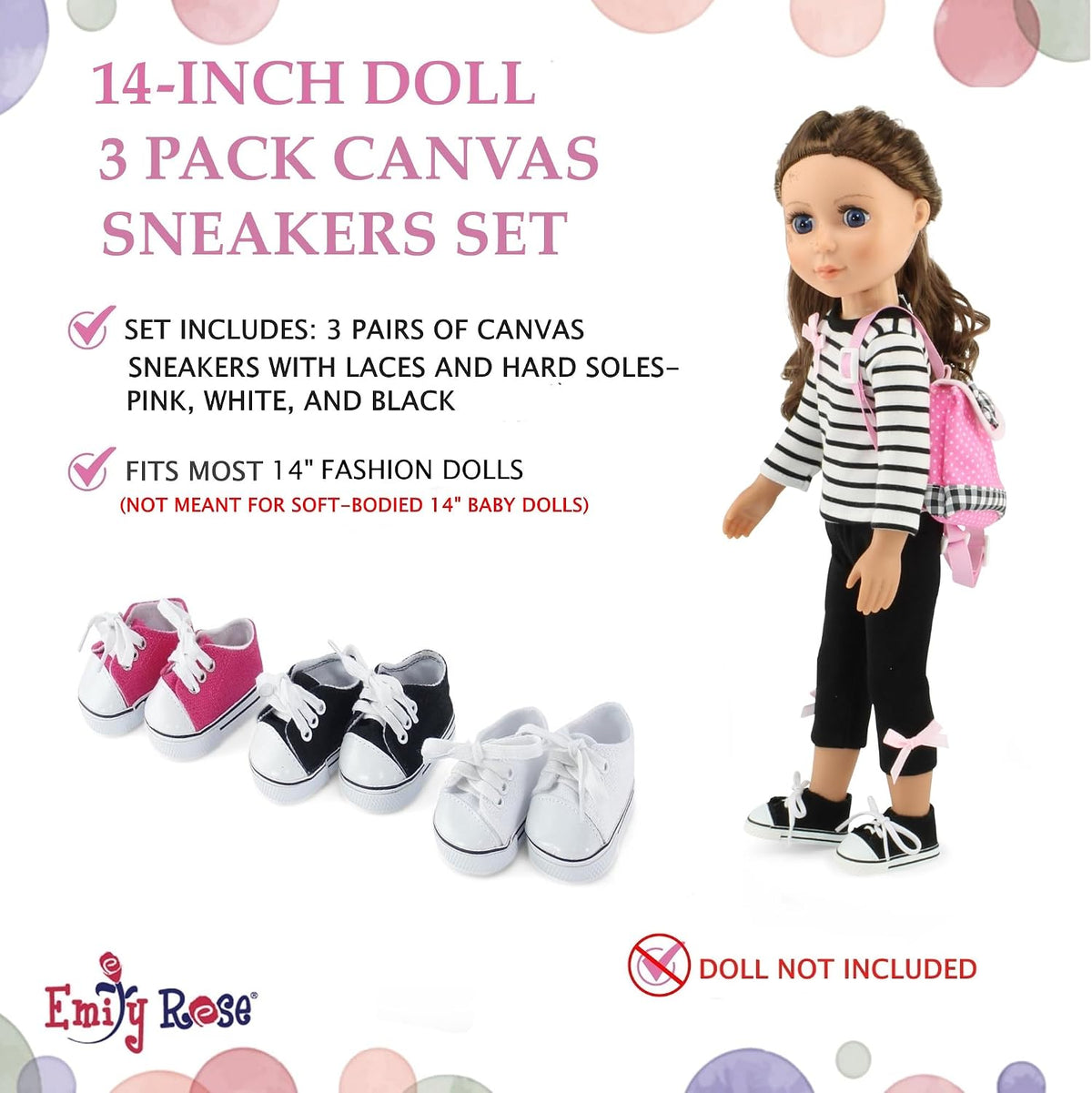 Emily Rose 14 inch doll shoes, three canvas sneakers in pink, white and black - view 3