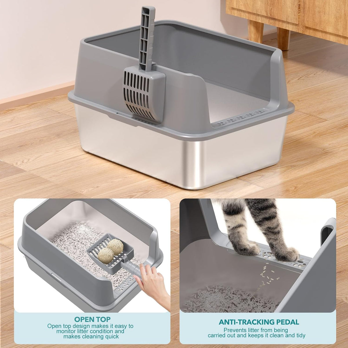 2PACK Stainless Steel Cat Litter Box with High Sides Lid - 2PK-Light Grey-M - image 3