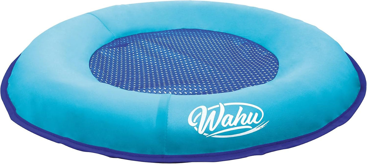 Wahu Hydro Pod round pool float in light blue and blue with drawstring carrying bag