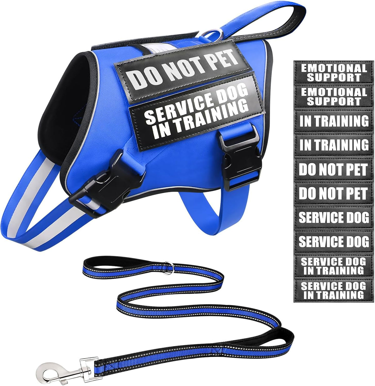 Service Dog Vest Harness and Leash Set+10 Patches - Small / Blue