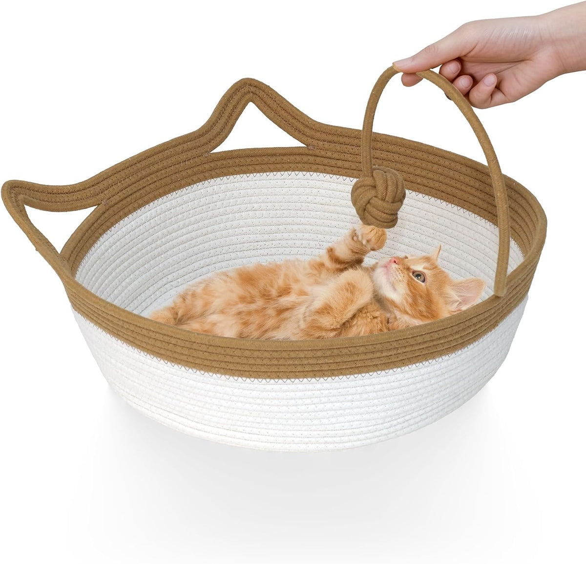 Stimulicat handwoven round cotton rope cat basket with cat ear handle and teaser ball
