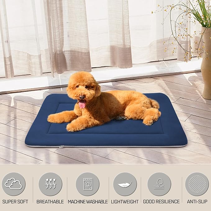 Magic Dog Large Bed Soft Crate Pad Mat, 42 Inches Machine Washable Pet Kennel Pad With Non-Slip Bottom, Dark Blue