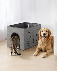 Waterproof Cat Litter Box Enclosure Splash Guard with Removable Mat - Gray Cat Face with Door / Large
