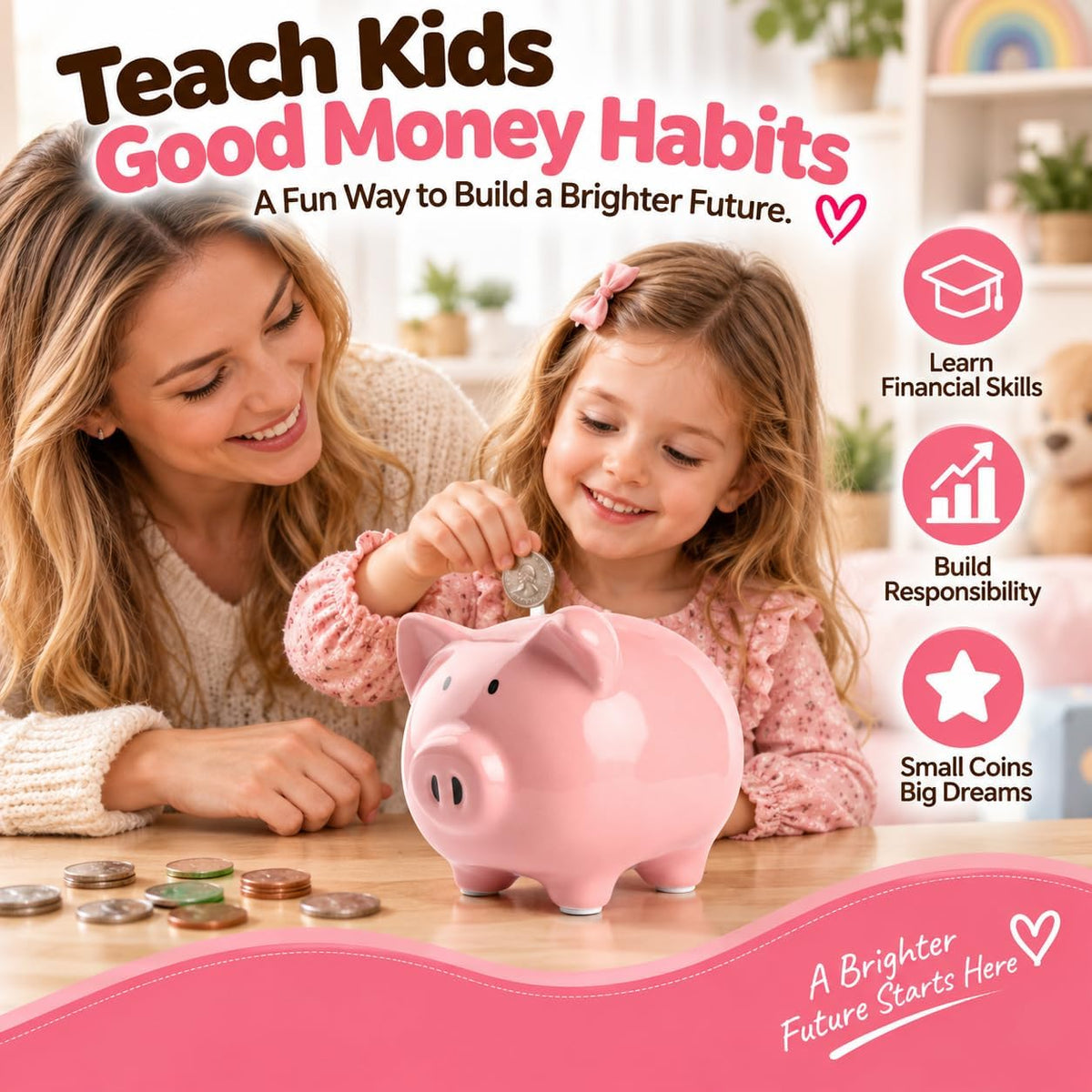 SOBEIT Piggy Bank for Kids Girls Boys, Glazed Ceramic Coin Bank - Style 1 Pink - image 2