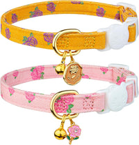 2 Pack Cotton Cat Collar Pink Strawberrie White Heart Cute Kitten - Yellow Rose&Pink Rose