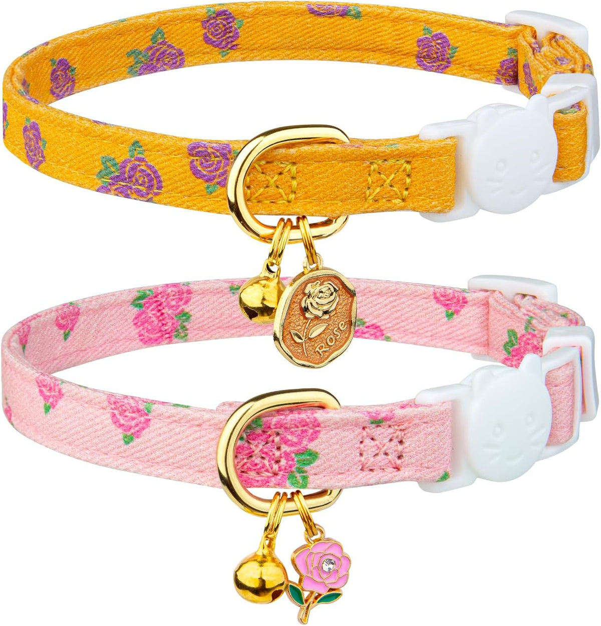 2 Pack Cotton Cat Collar Pink Strawberrie White Heart Cute Kitten - Yellow Rose&Pink Rose