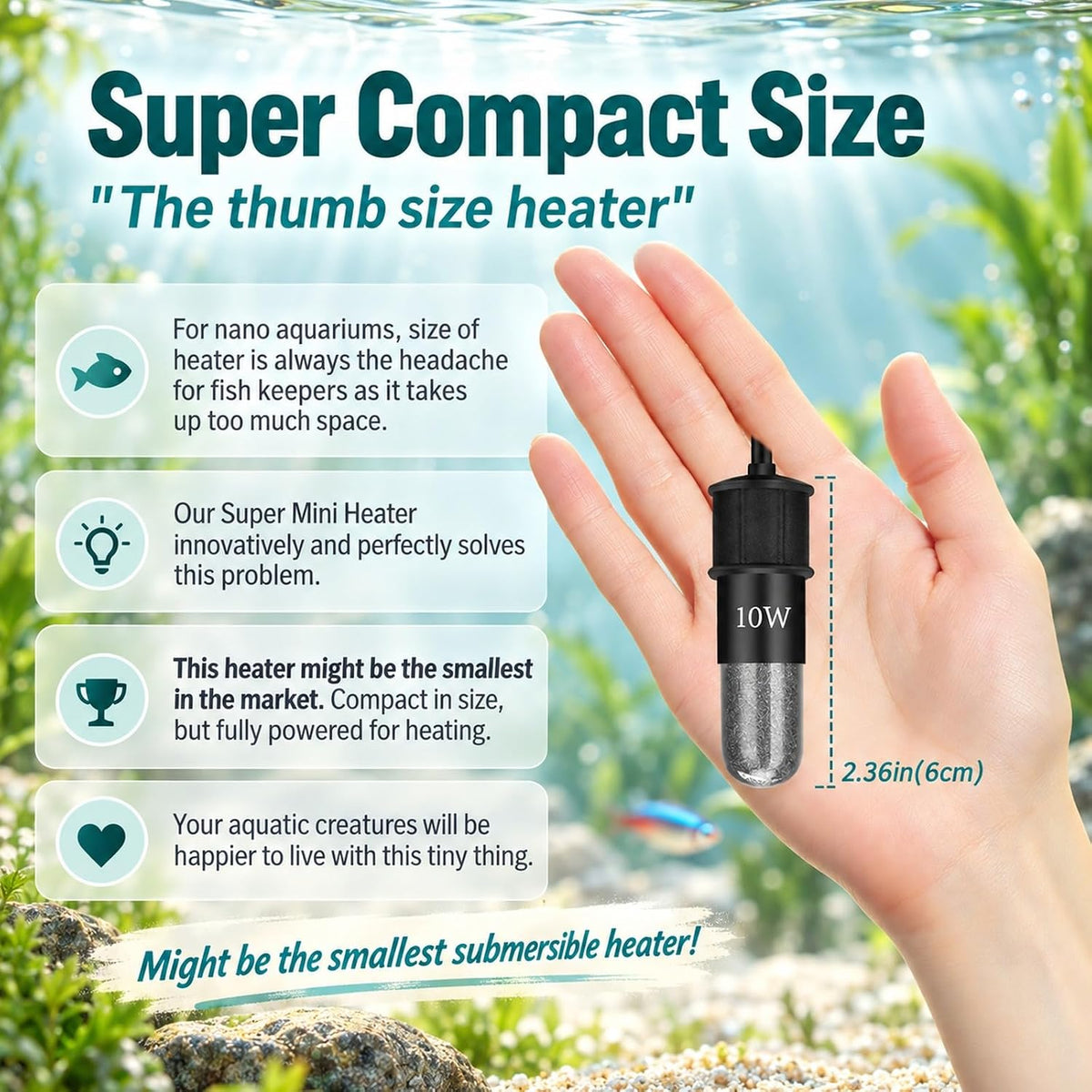 Thumb-Sized 10W Super Mini Aquarium Betta Heater for 1-2 Gallon Small - For Tanks ≤ 6 Gal - image 2