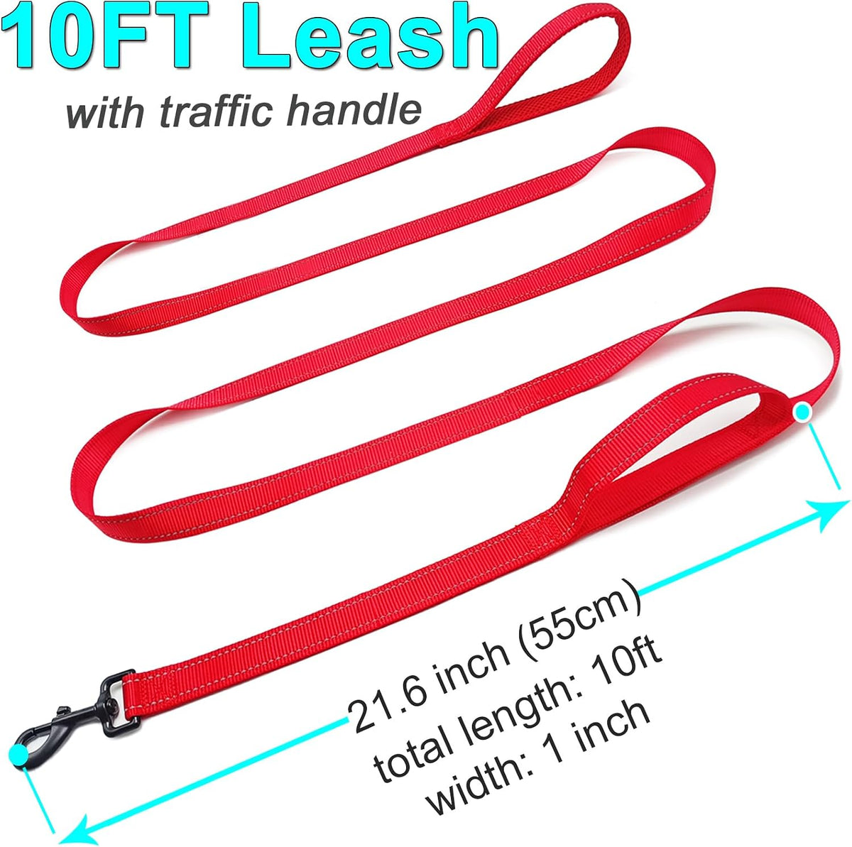 10FT Dog Leash with Traffic Handle Reflective Large Medium Dogs – Essentials for Dogs - 10ft x 1 in / red - image 4
