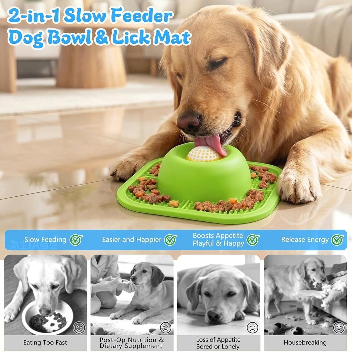 Slow Feeder Dog Bowls & Lick Mat for Liquid and Thick Treat - Medium / Green - image 2