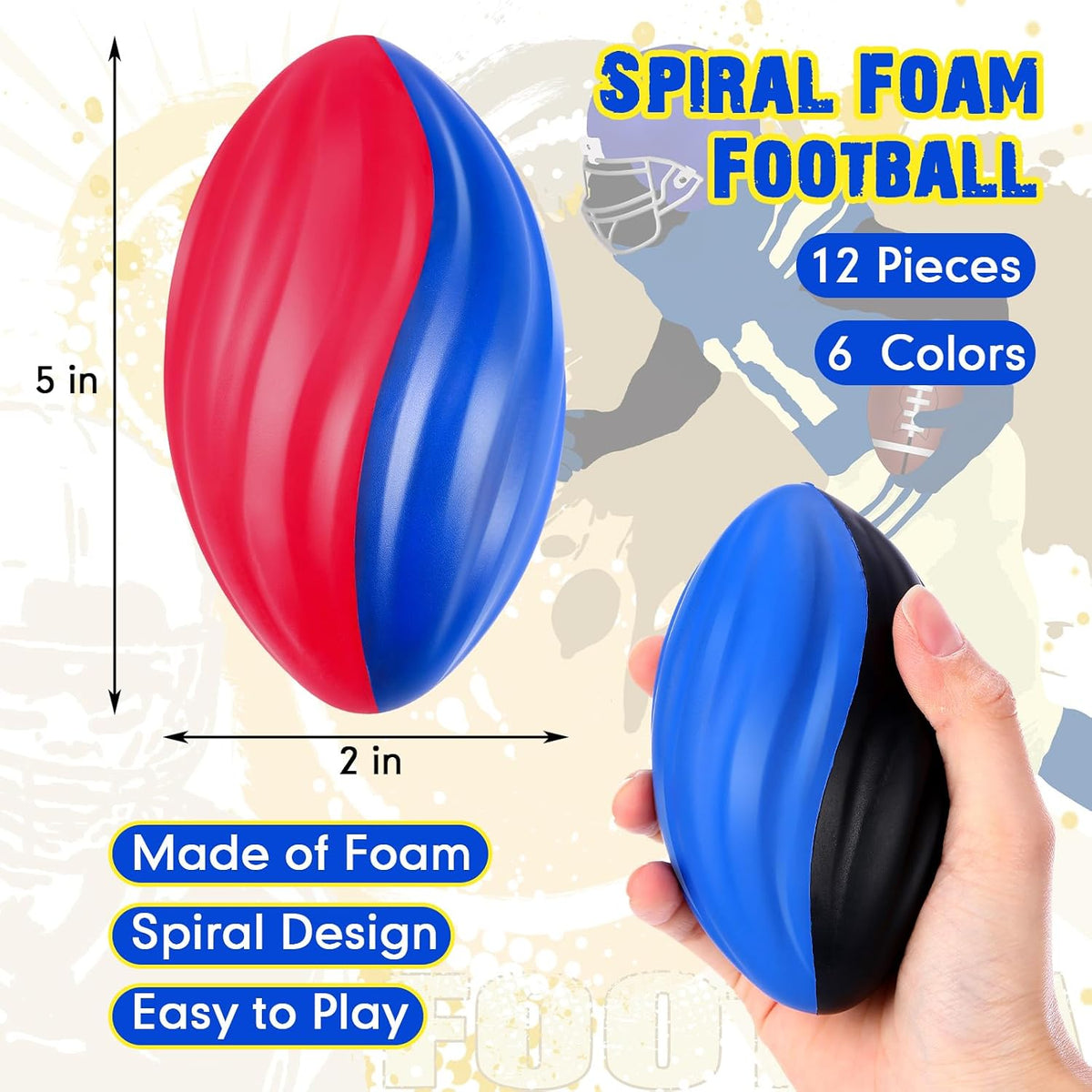 Jerify mini foam footballs for kids, 12 soft 5 inch spiral balls in 6 two-tone colors - view 9