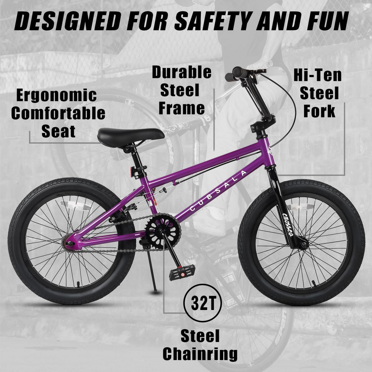 cubsala Crossea 18 20 Inch Kids Freestyle BMX Bike for 5-13 Years Old – Fun for Kids & Family - Purple & Black / 18 Inch / Without Pegs - image 2