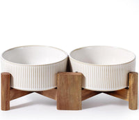 Ceramic Dog Bowls Set with Acacia Wood Stand - Large-3.5Cups / Vintage White