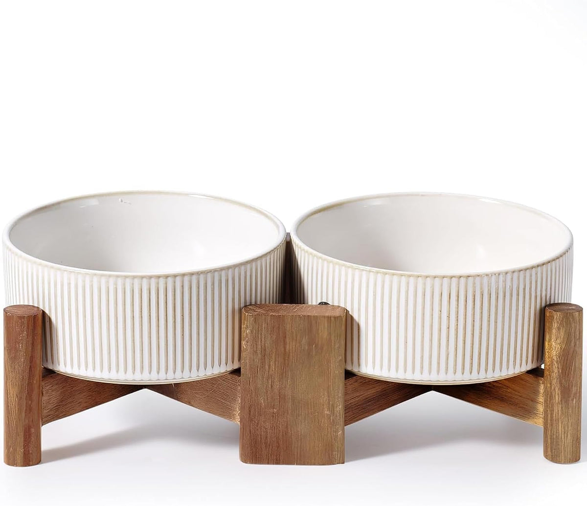 Ceramic Dog Bowls Set with Acacia Wood Stand - Large-3.5Cups / Vintage White