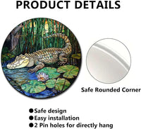Lygond Metal Sign Tin Sign Circular Stained Glass Crocodile Restroom Tin Sign for Yard 12×12 Inches