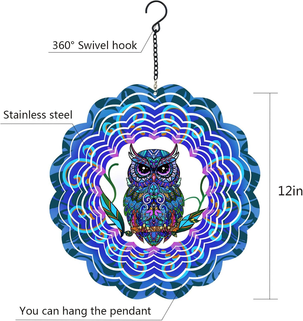 Rooster Metal Wind Spinners - Owl / 12 Inch - image 2