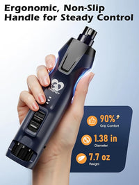 Casfuy 6-Speed Dog Nail Grinder – 50%+ Boost Power Dog Nail Trimmers Quiet with Dust Cap & 2 LED Lights & 2000mAh Battery & 4.8V Motor Electric Pet Toenail File Tool for Large Medium Small Dogs Cats