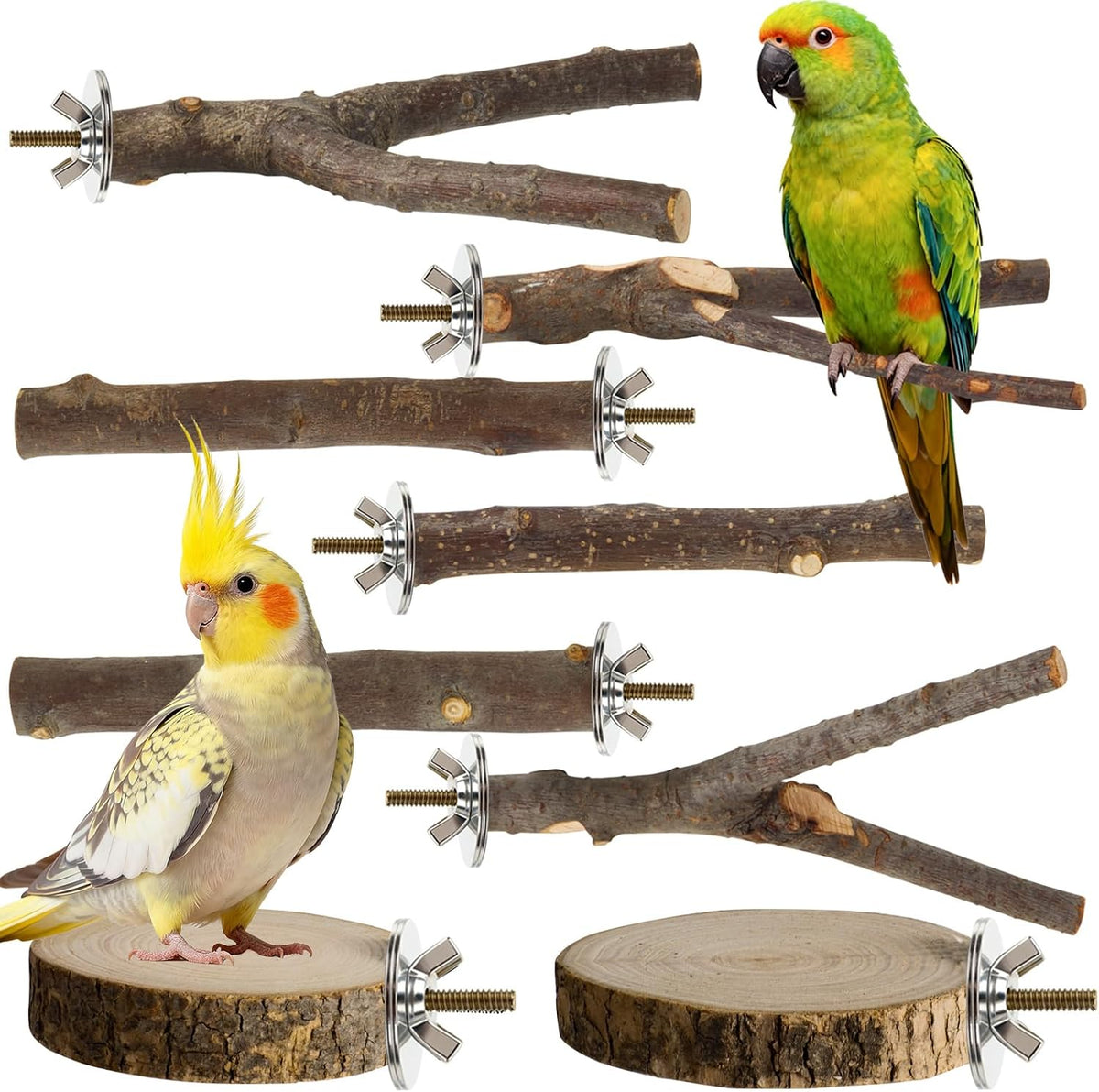 8 Pack Natural Wood Bird Perches for Cage, Wooden Parrot Perch – Essentials for Birds - Medium Size-8 Pack