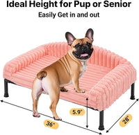 Veehoo Elevated Dog Bed with Bolster Cushion, Fluffy Plush Dog Couch Beds for Small Dogs, Cats, Washable Raised Pet Cot with Non-Slip Feet for Indoor or Patios Use, 36 x 28 Inches, Pink