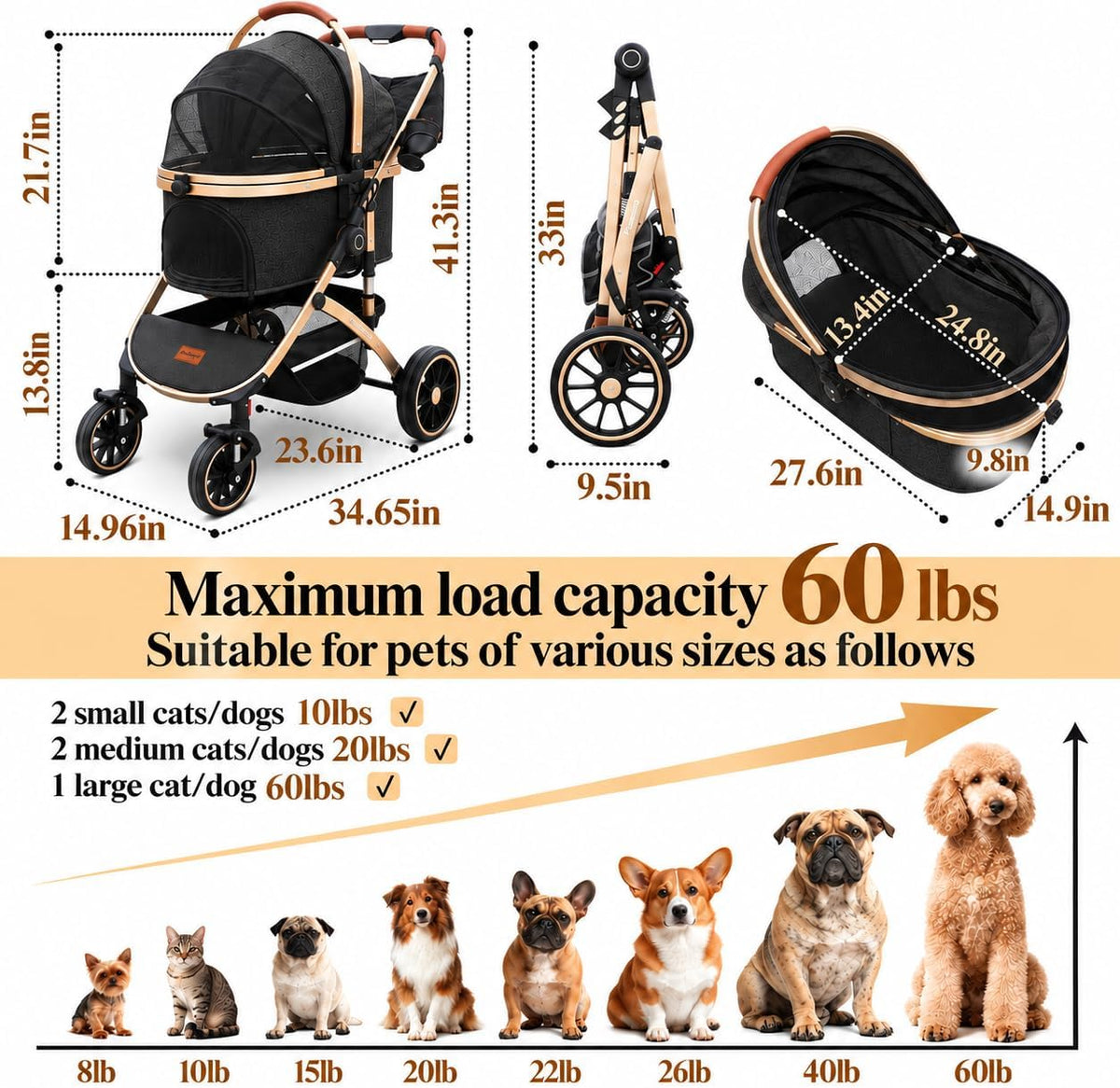 Pettingzoo Dog Stroller, Aluminum Frame, Removable Carrier - Black - image 4