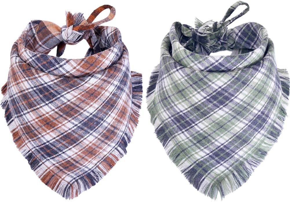 Fall Dog Bandana Autumn Thanksgiving Plaid Reversible Triangle Bibs - yellow green-2 / X-Large
