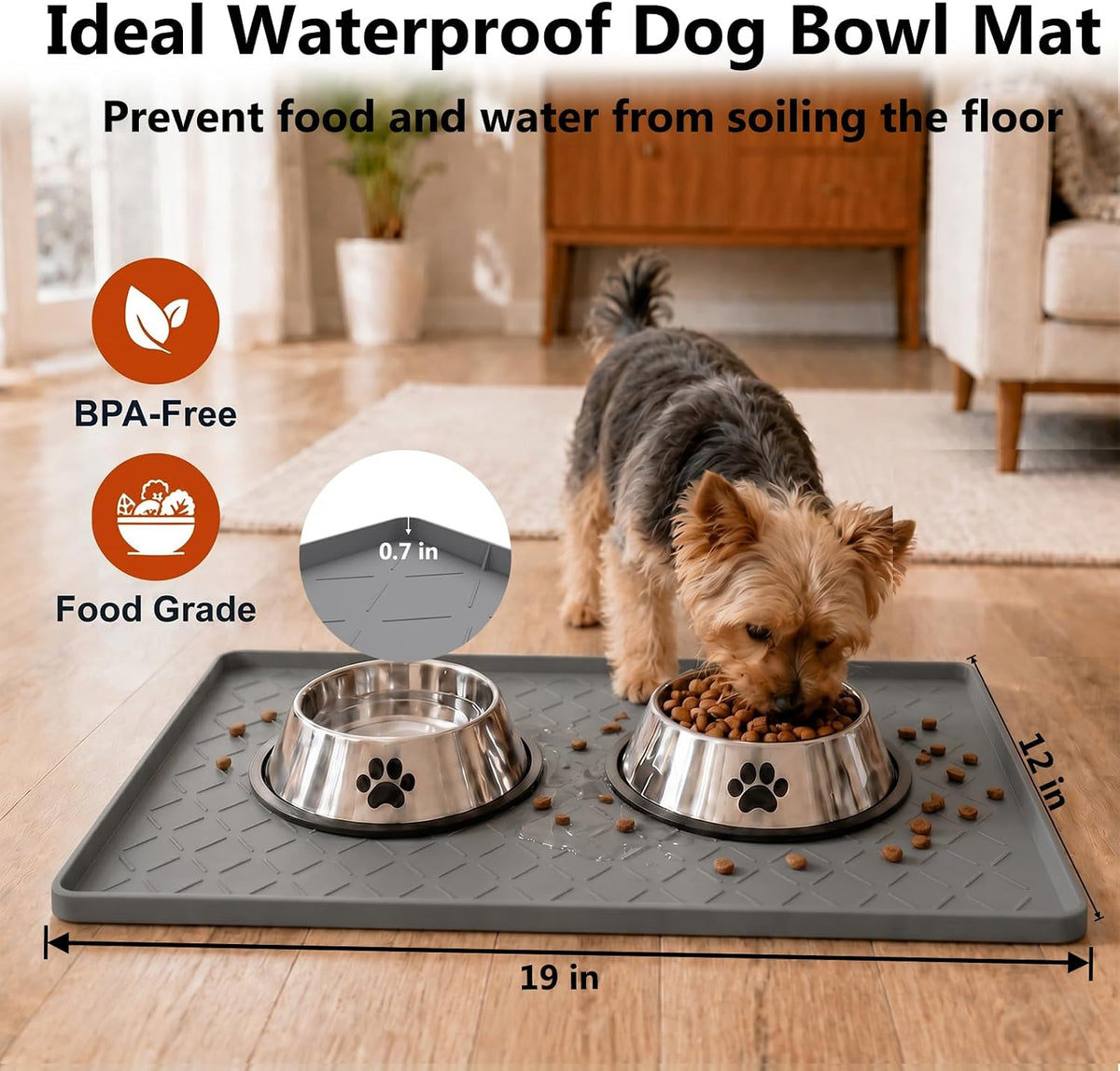 MateeyLife Silicone Waterproof Mat for Dog & Cat Food Mat 19"X12" – Essentials for Dogs - 19"L x 12"W / Dark Grey - image 2