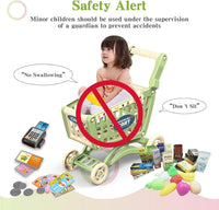 RedCrab kids shopping cart toy in green with 54 pretend fruit, vegetable and money accessories - view 2