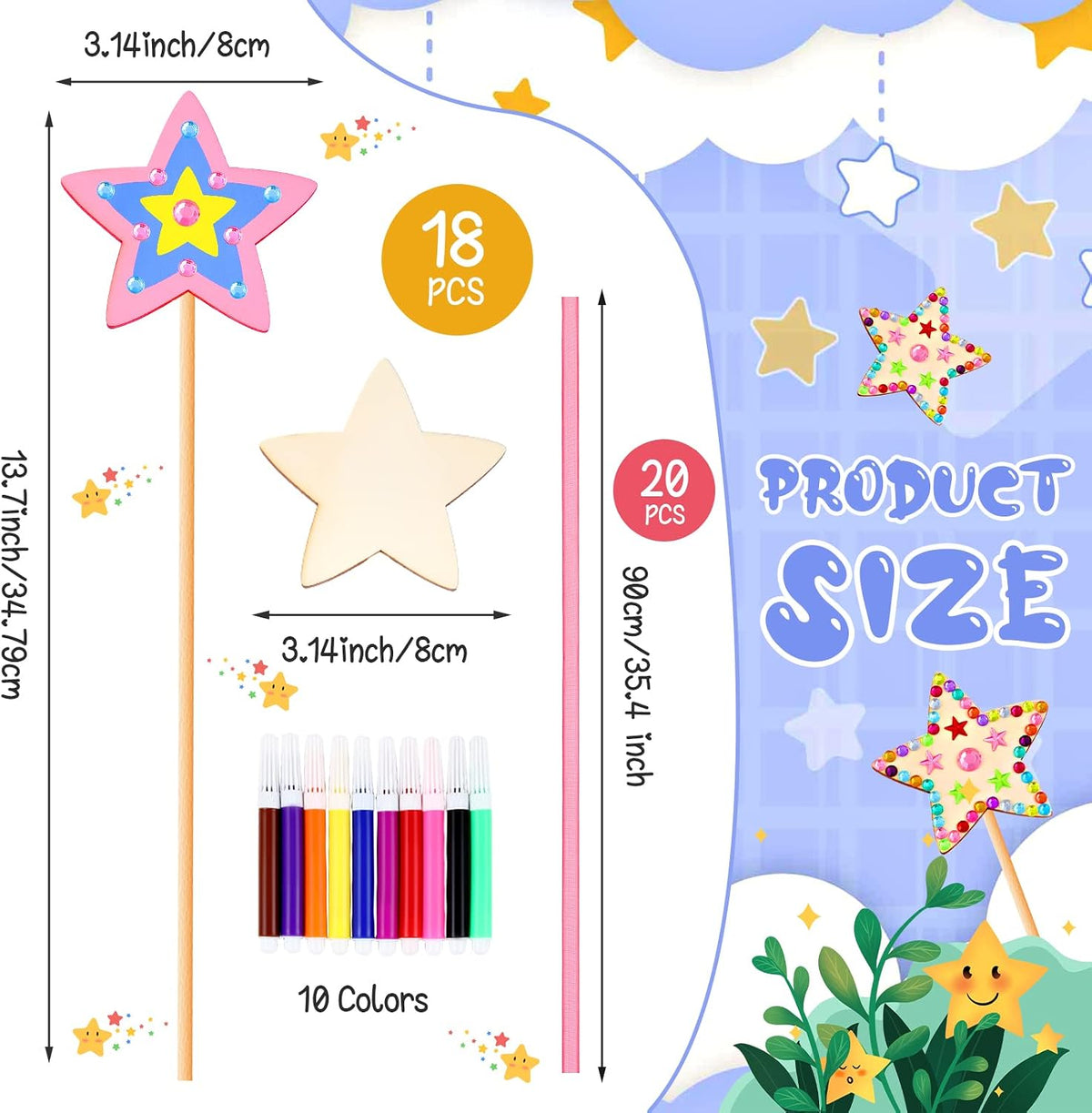 Chinco DIY wooden princess wand kit with star wands, stickers, ribbons and markers - view 2