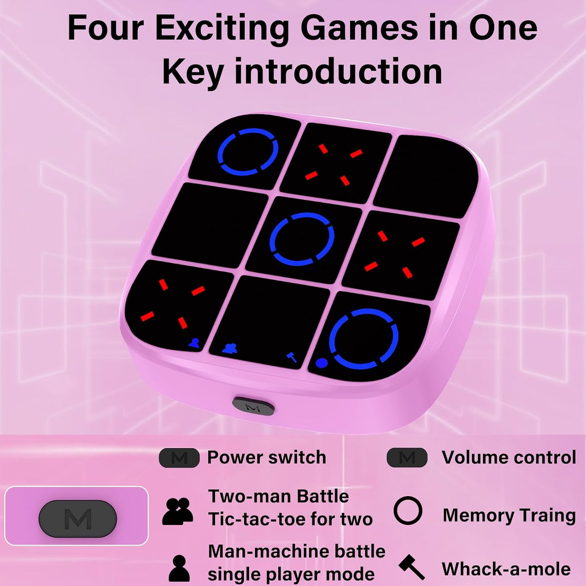 Tic-Tac-Toe Bolt Game, 4-in-1 Handheld Puzzle Games Console, Electronic Tic-Tac-Toe Game - Pink / M(Classic) - image 2